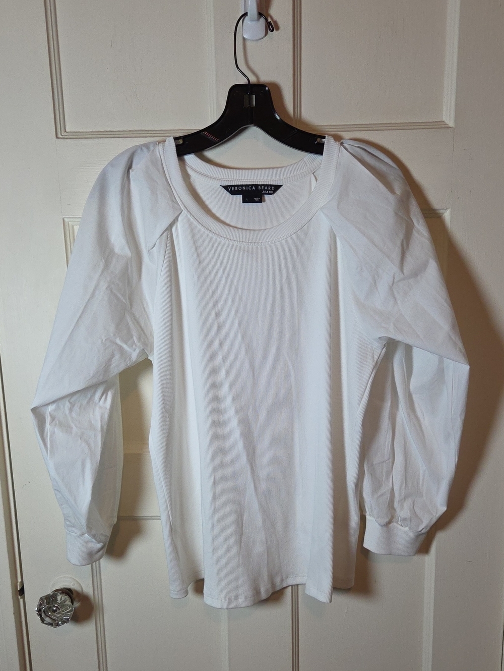 Veronica Beard Rounded Neck Mixed Media Rib Knit Top In White Size Large